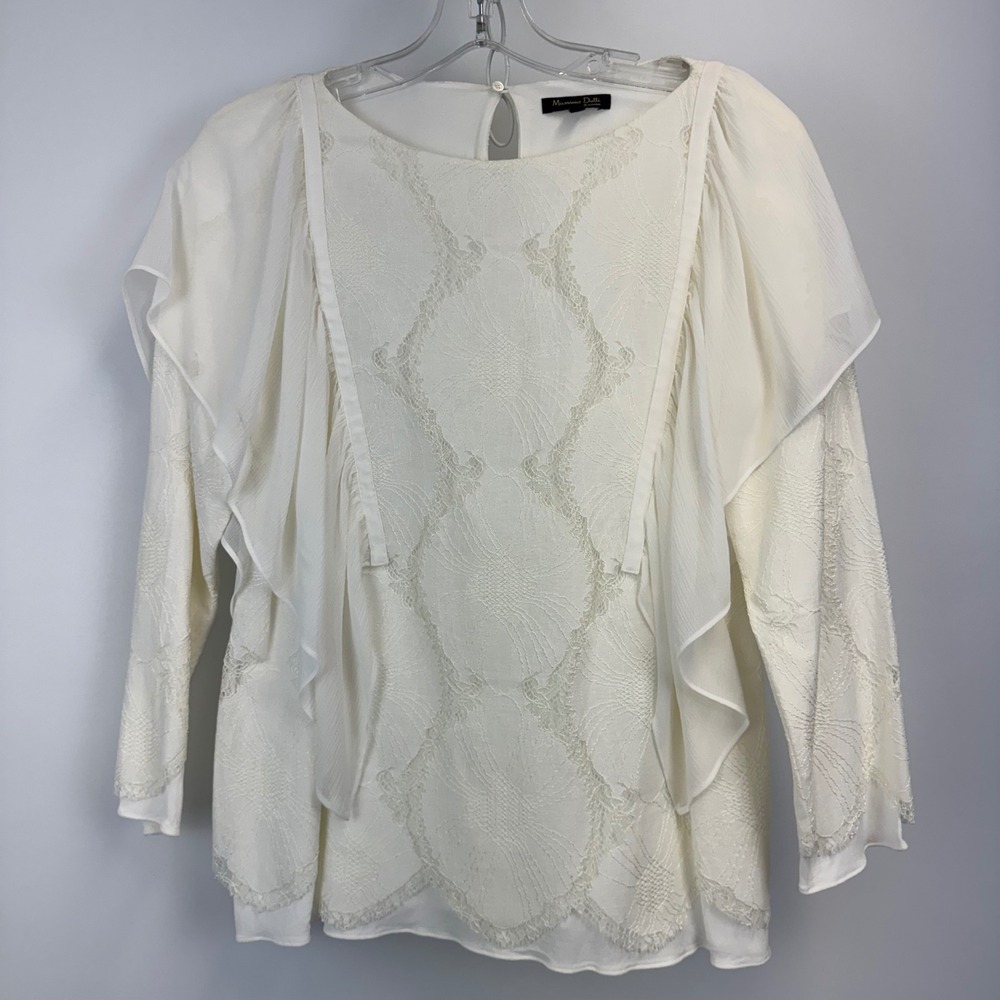 Massimo Dutti Womens Lace Ruffle Blouse Cream White‎ Floral Long Sleeve Top Sz 4